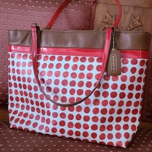 Authentic COACH Red Polka Dot Tote Leather Purse LIKE NEW Hand Bag